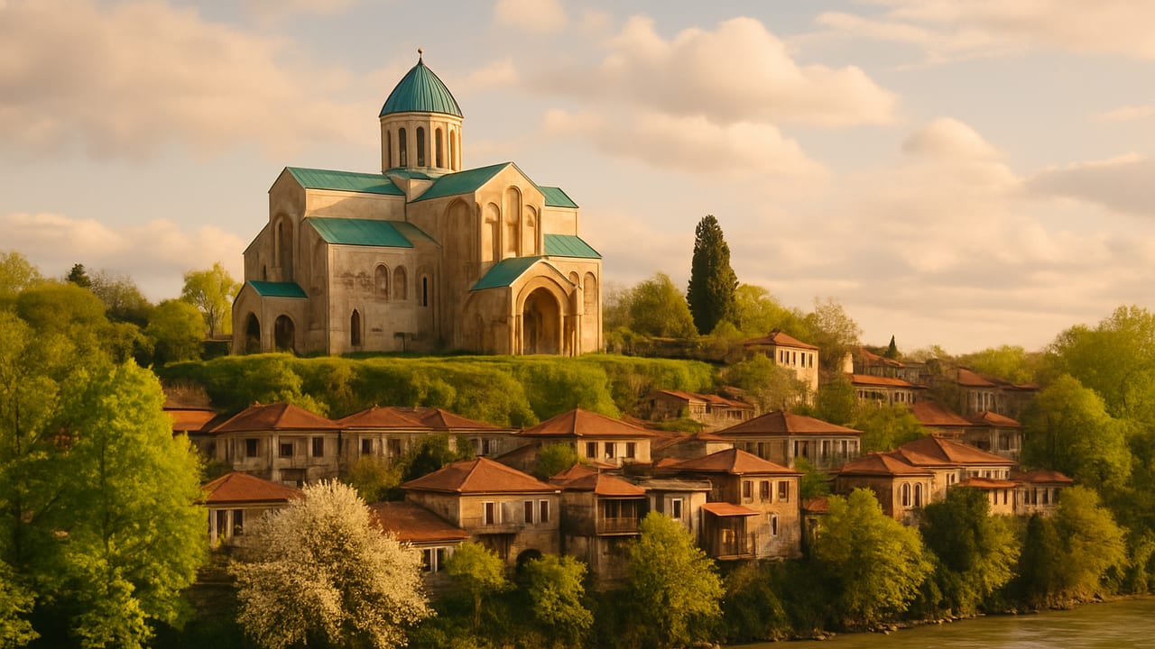Bagrati Cathedral above Kutaisi's old town in soft spring light, with blooming trees along the Rioni River and light cloud cover overhead