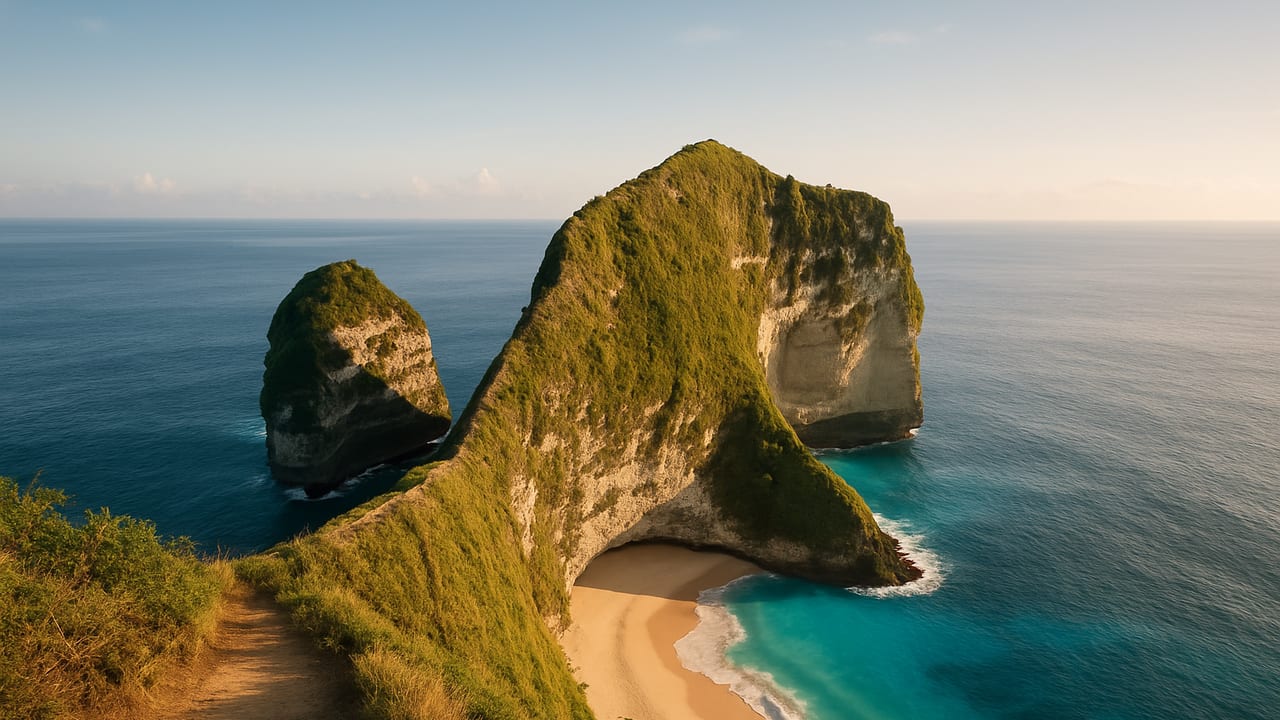 Early-morning dry-season light over Kelingking Beach's T-Rex-shaped cliff on Nusa Penida, turquoise water below and a nearly empty viewpoint