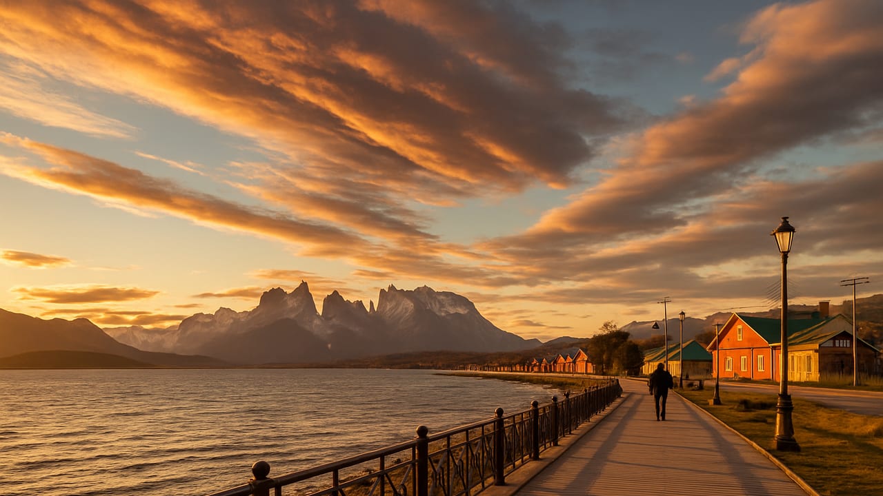Golden late-afternoon light over Puerto Natales' waterfront with the Torres del Paine mountains in the distance during shoulder season, wind-streaked clouds overhead