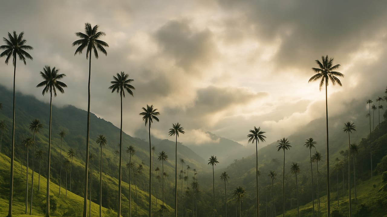 Tall wax palm trees rising from green pasture in Colombia's Cocora Valley near Salento, under a partly cloudy sky with morning sun breaking through