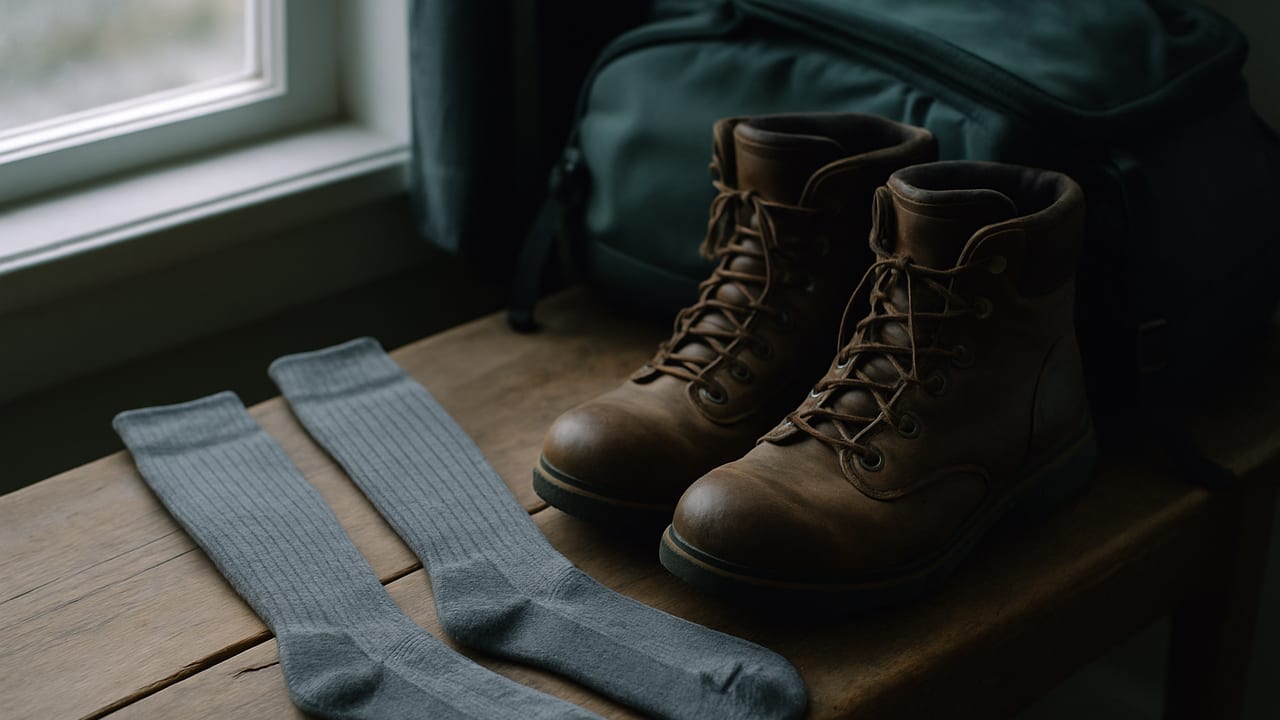 A pair of knee-high merino wool compression socks laid next to winter hiking boots and a packed travel backpack