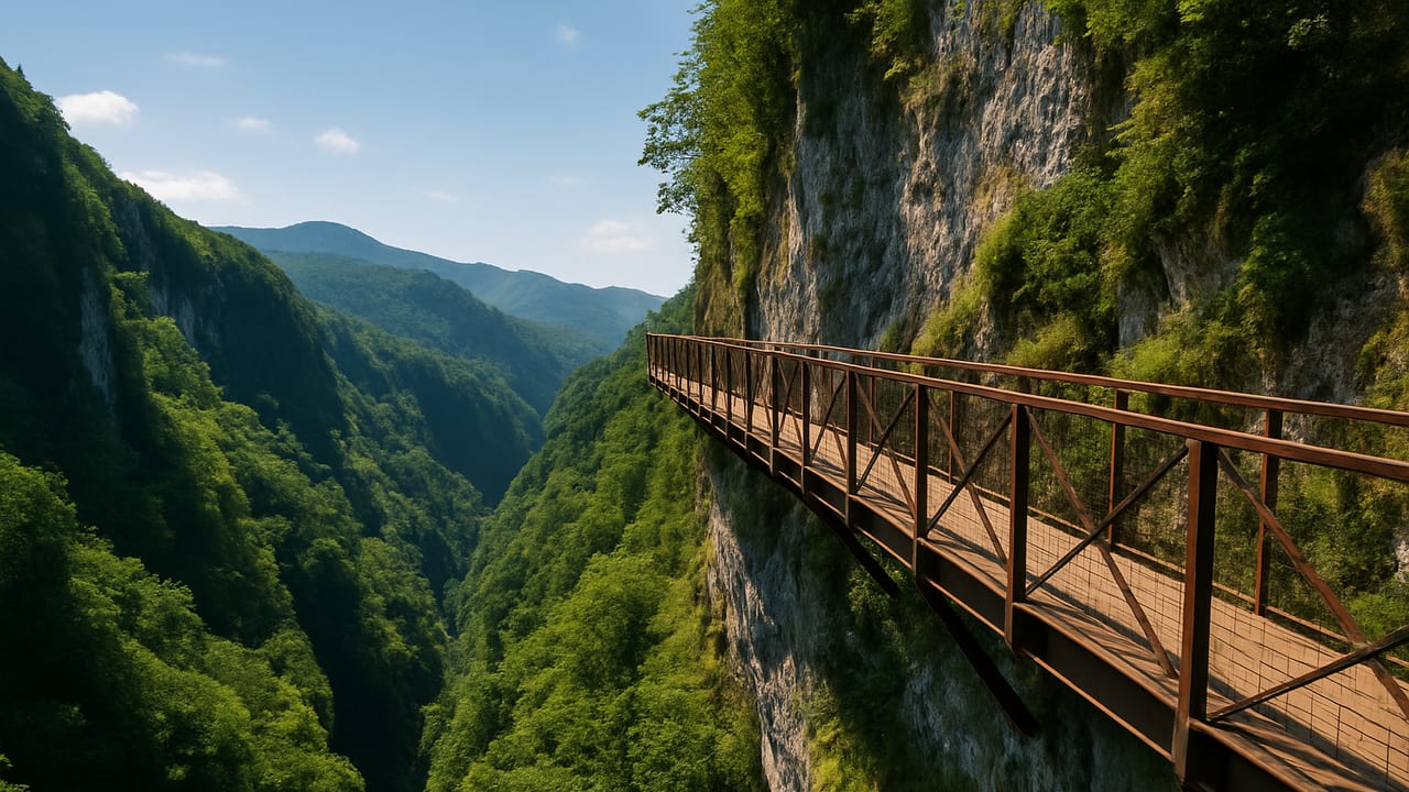 A wooden hanging walkway clinging to the cliff wall of Okatse Canyon in Imereti, Georgia, with dense green forest below and mountains in the distance