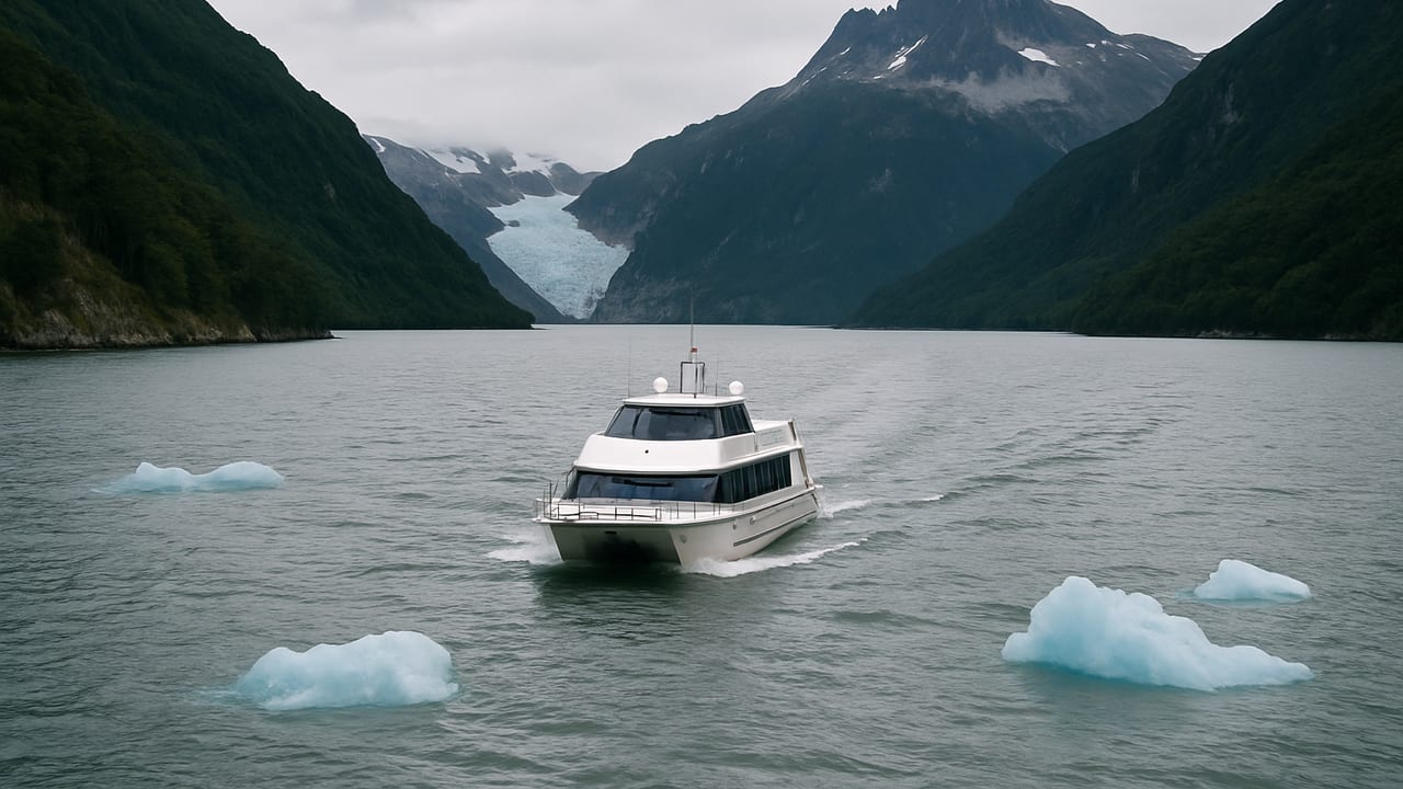 A small tour boat crossing the Última Esperanza fjord toward the Serrano Glacier under a cloudy Patagonian sky, with icebergs floating near the shore