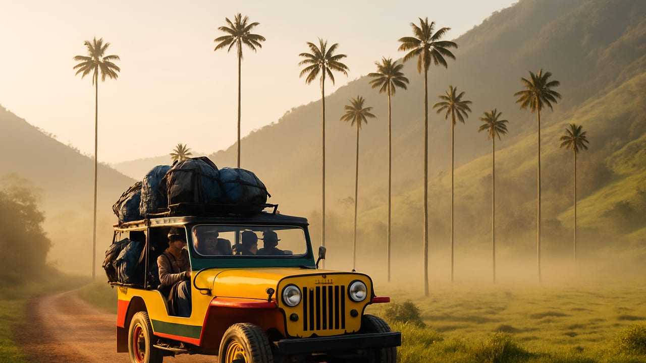 A colorful Willy jeep loaded with passengers driving toward the towering wax palms of Colombia's Cocora Valley under a bright morning sky