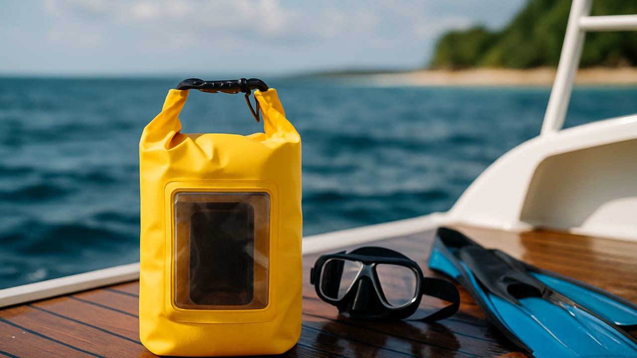 A compact roll-top dry bag sitting on the deck of a dive boat next to a mask and fins, with the ocean visible in the background