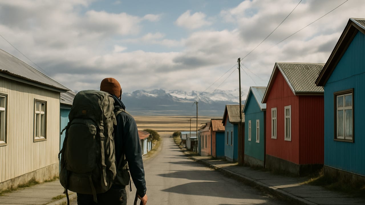 A backpacker walking up a quiet street of colorful corrugated-metal houses in Puerto Natales, Chile, with the Patagonian steppe and snow-dusted mountains visible in the distance under soft morning light