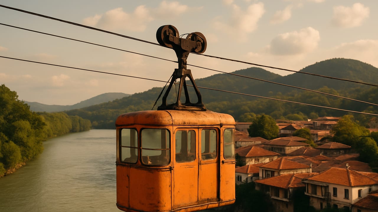 A worn orange Soviet-era cable car cabin crossing above the Rioni River in Kutaisi, Georgia, with old town rooftops and green hills visible below in late-afternoon light