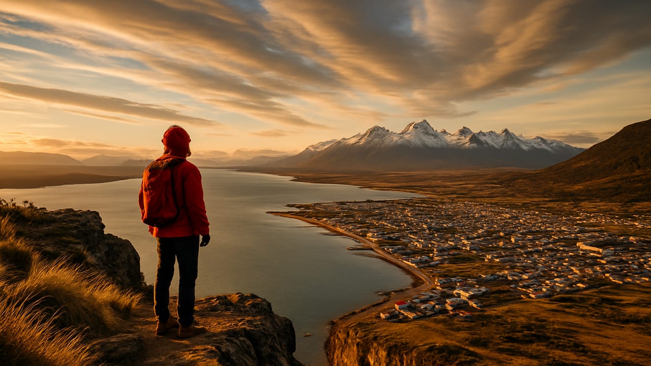 A lone hiker standing at a clifftop viewpoint above Puerto Natales, Chile, looking down over the town and the Última Esperanza fjord under a wide Patagonian sky