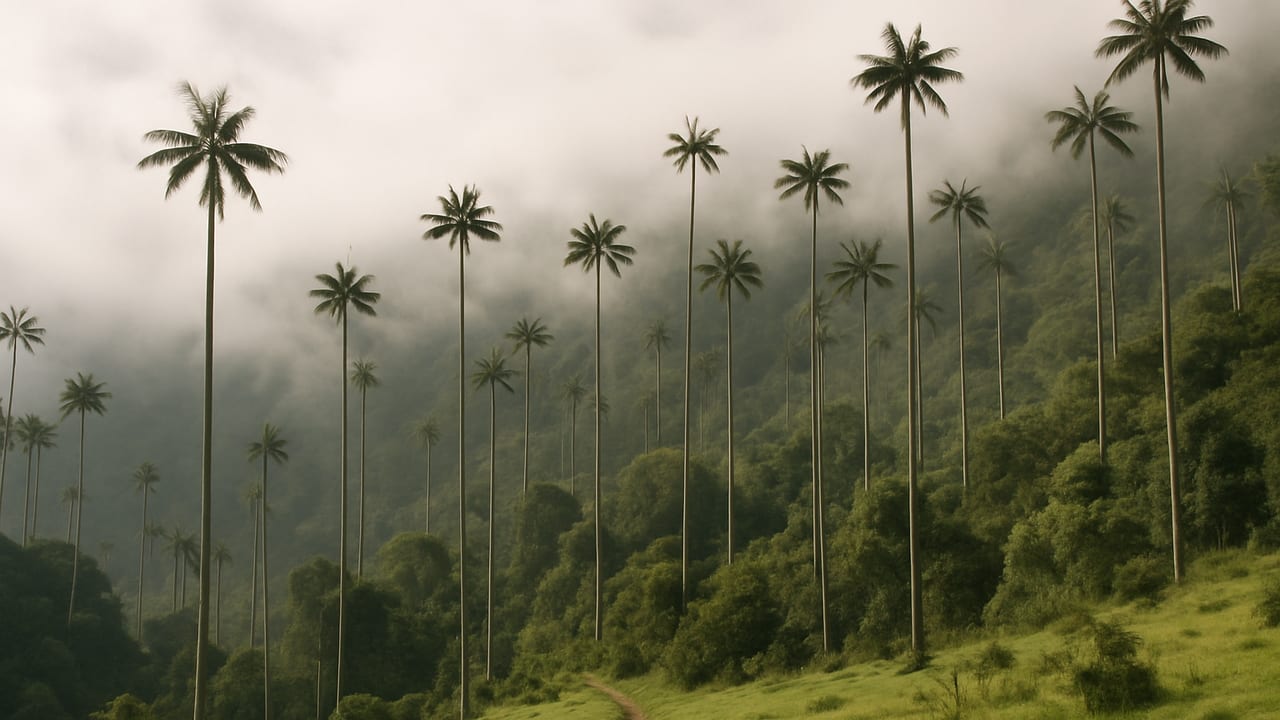 A dense, misty cloud forest of thousands of tall wax palms at La Carbonera near Salento, Colombia, with a single narrow dirt trail and no other visitors in sight