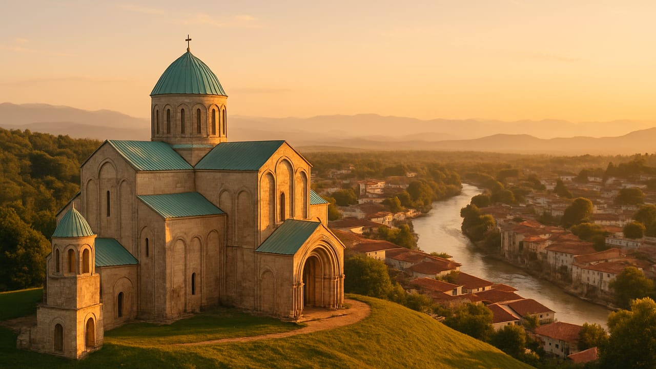 Bagrati Cathedral on its hilltop above Kutaisi's old town at golden hour, with the Rioni River and terracotta rooftops below