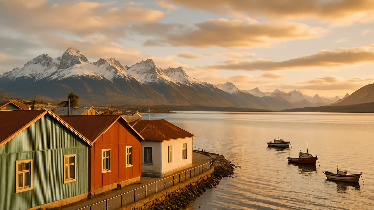 Colorful waterfront houses along Puerto Natales' La Costanera boardwalk with the Patagonian fjord and mountains in the background