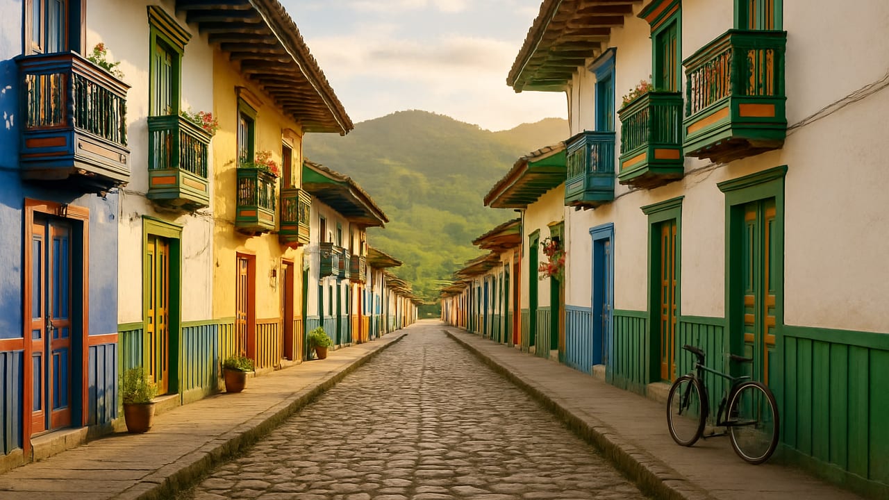 Colorful two-story colonial buildings with wooden balconies lining a narrow street in Salento, Colombia, with green coffee-region hills in the distance