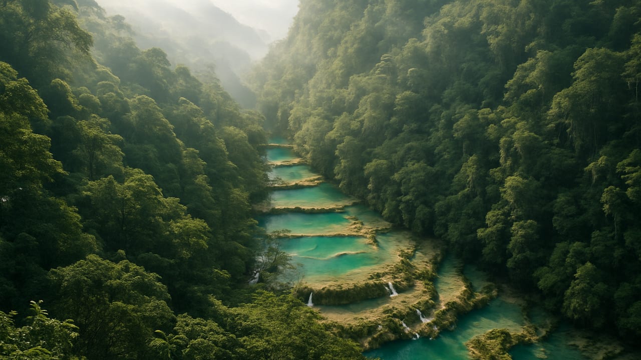 Stepped turquoise limestone pools of Semuc Champey seen from the jungle mirador viewpoint above, surrounded by dense Guatemalan rainforest