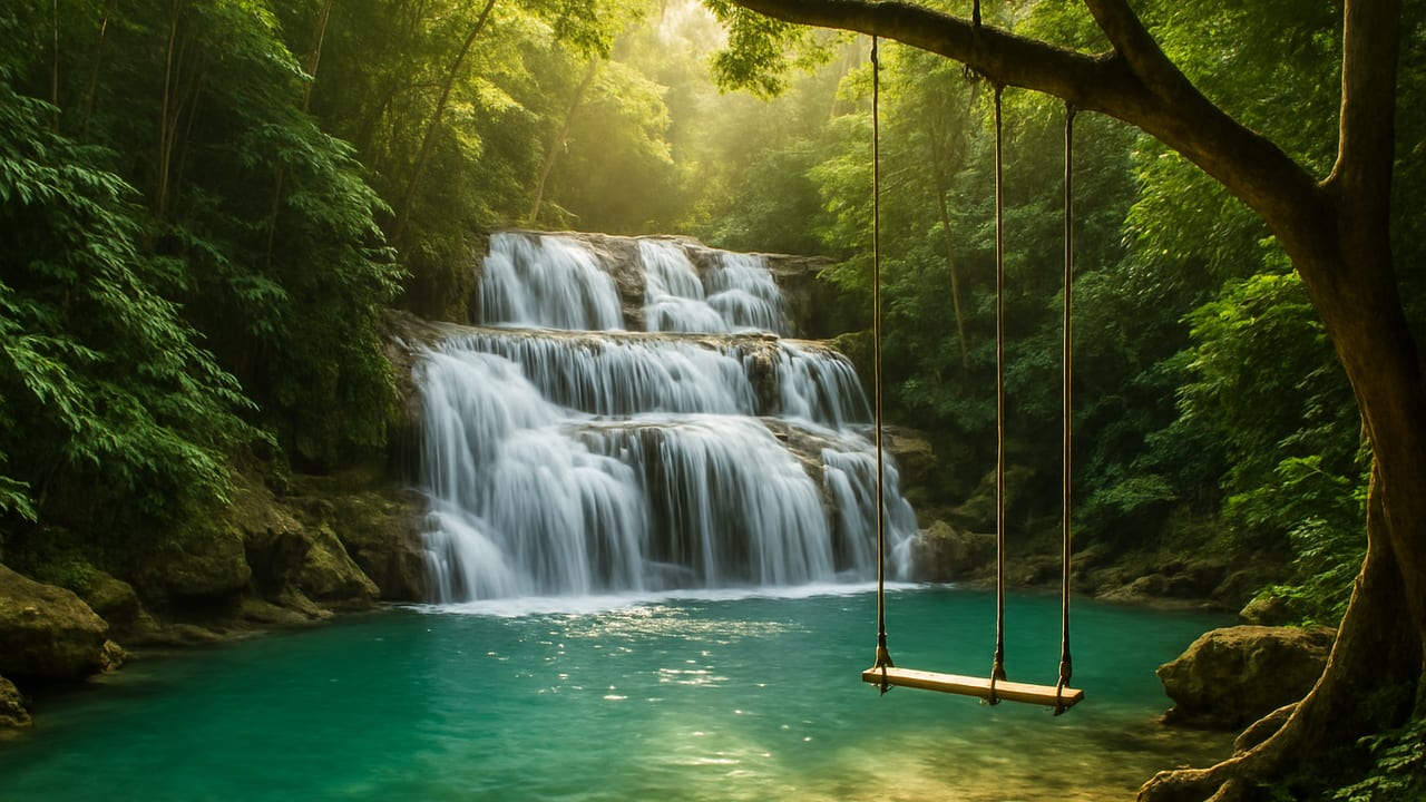 Turquoise, multi-tiered Cambugahay Falls cascading through green jungle on Siquijor island, with a rope swing hanging over the pool