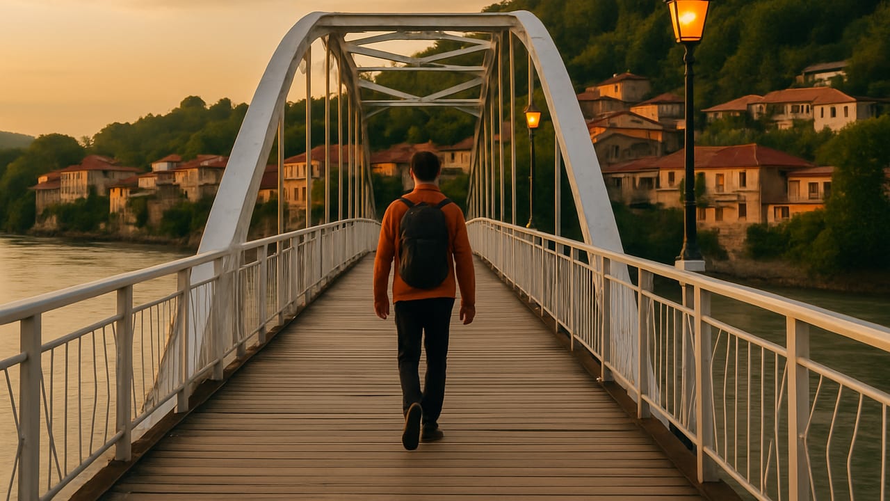 A solo traveler with a daypack walking alone across the White Bridge over the Rioni River in Kutaisi at early evening, old town rooftops in the background