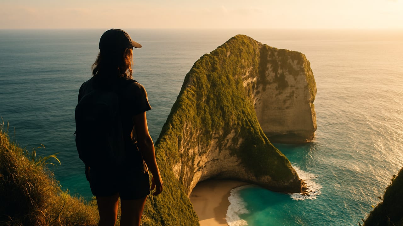 A solo traveler with a small daypack standing at a cliff-edge viewpoint overlooking Kelingking Beach on Nusa Penida at golden hour