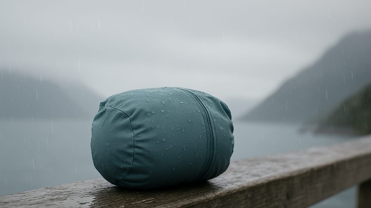A compact teal packable rain jacket rolled into its own small stuff pocket, resting on a wet wooden railing in steady rain with misty mountains behind it
