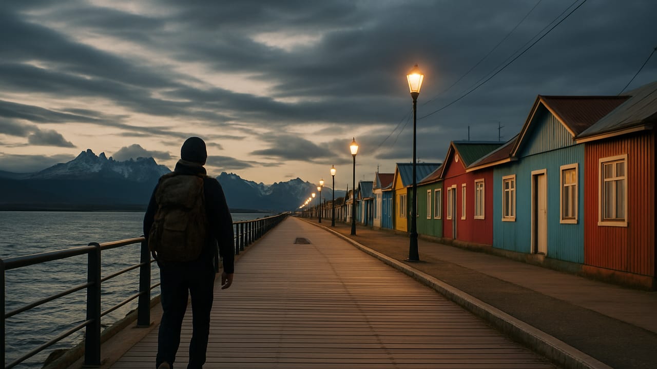 A solo hiker with a backpack walking along Puerto Natales' waterfront boardwalk at dusk, fjord and mountains visible across the water