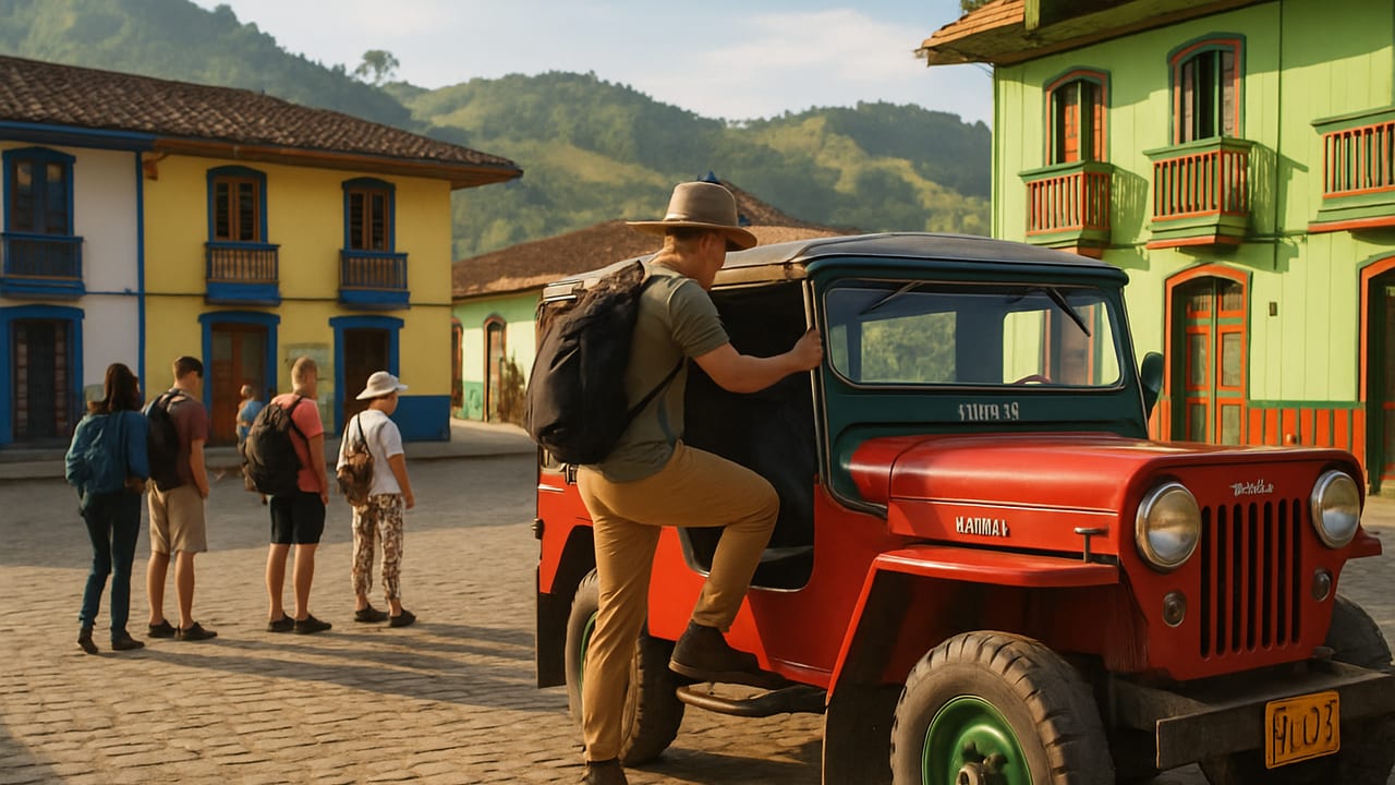 A solo traveler with a small daypack boarding a colorful red Willys jeep in the cobblestone Plaza de Bolívar in Salento, Colombia, green coffee-region hills in the background