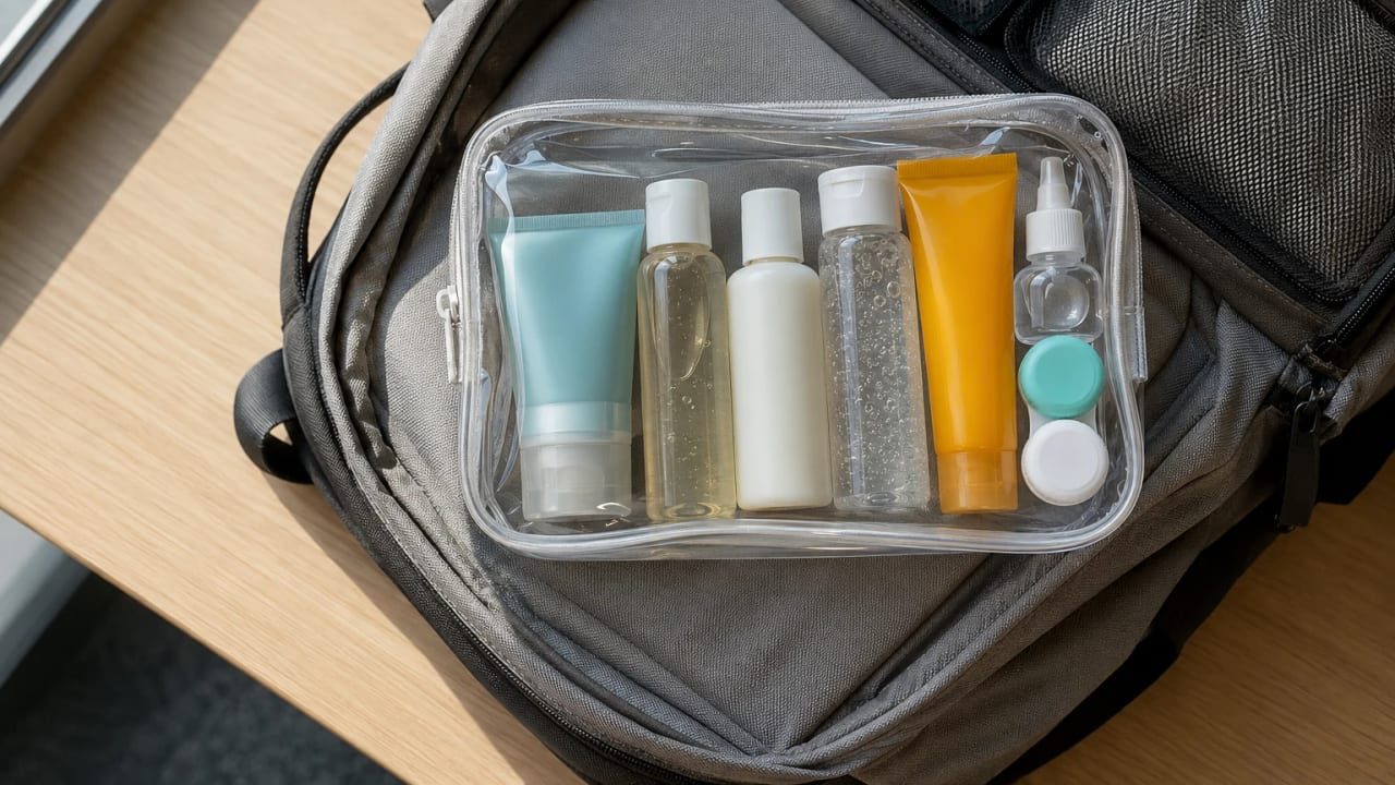 A clear quart-size toiletry bag packed with travel-size liquid containers next to an open carry-on backpack