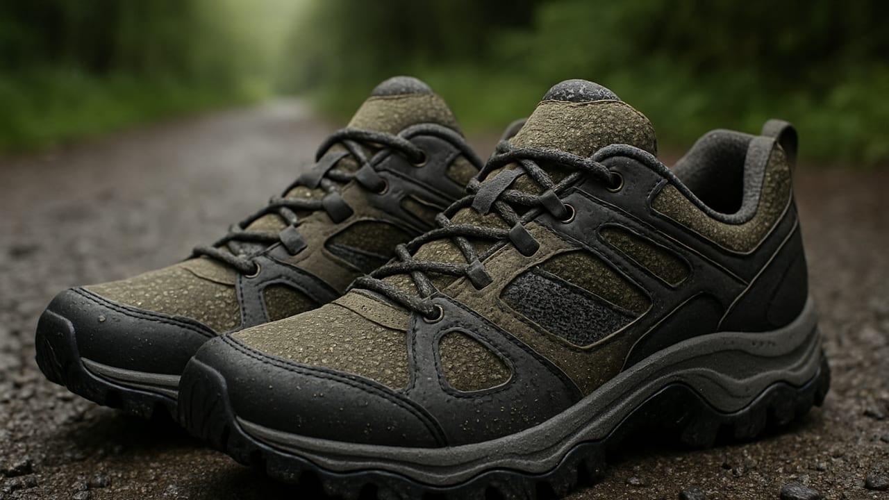 A pair of waterproof hiking shoes with visible lug soles resting on wet trail gravel next to a packed travel backpack