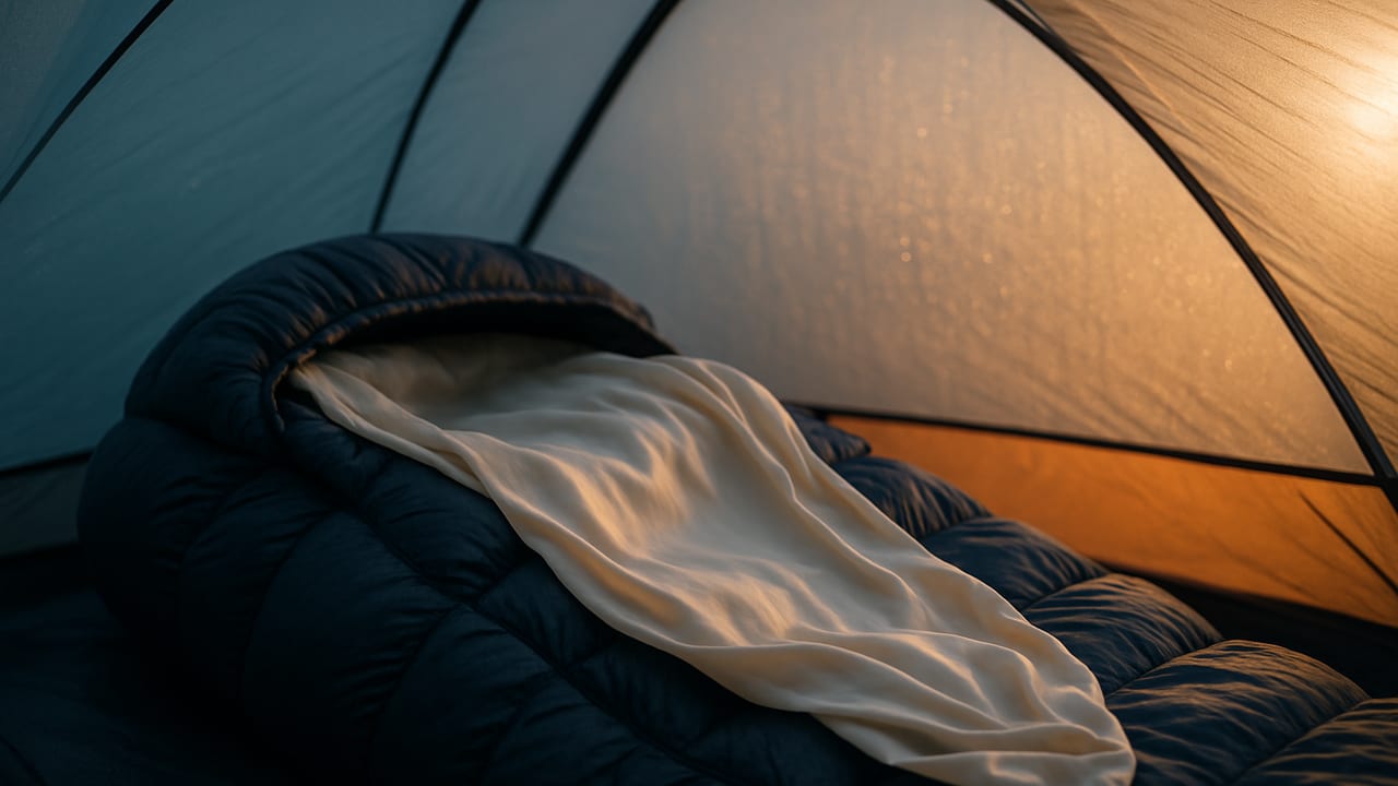 A silk sleeping bag liner pulled halfway out of an open sleeping bag inside a tent at sunrise, with condensation beaded on the tent wall behind it