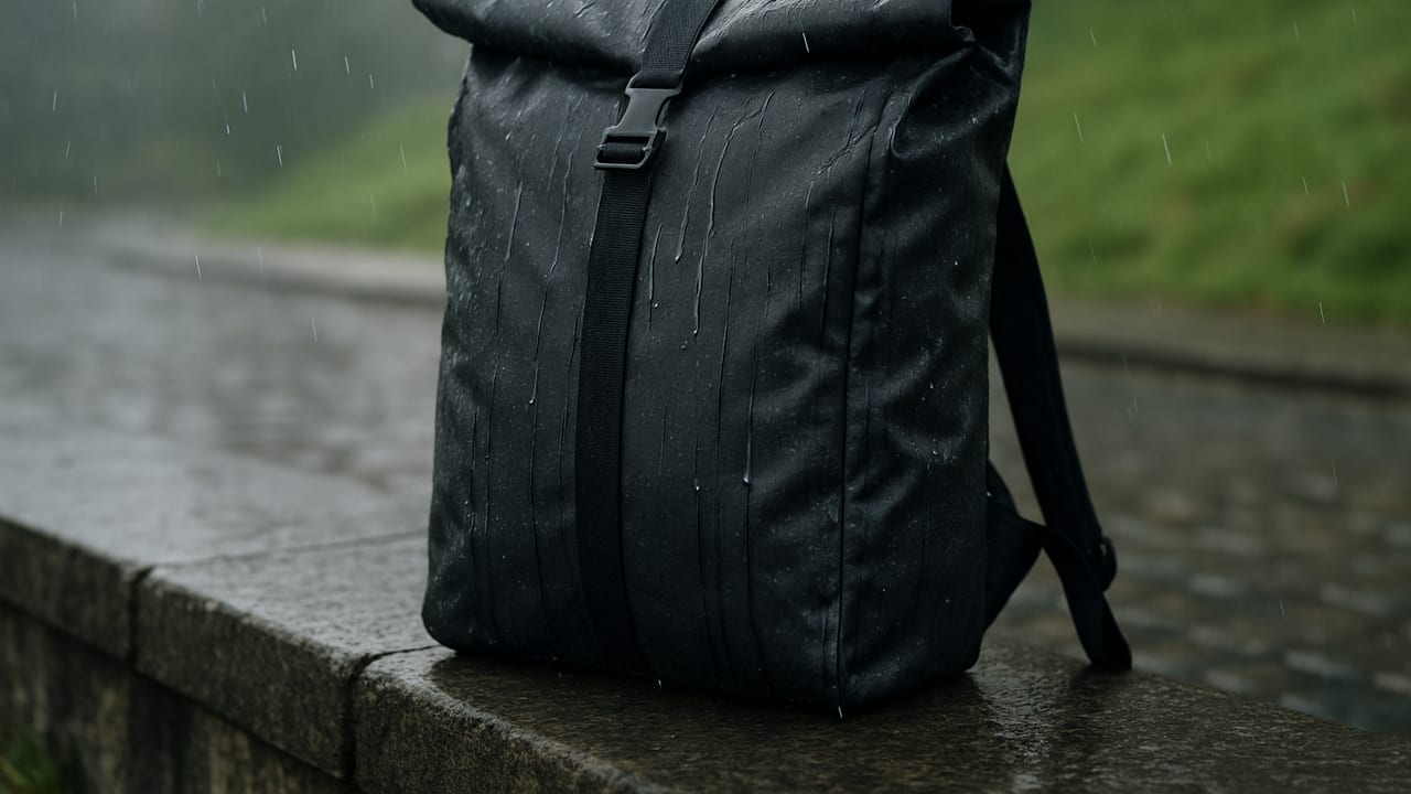 A rolltop waterproof travel backpack in dark coated fabric sitting on a wet stone ledge with rain visible on the fabric's surface