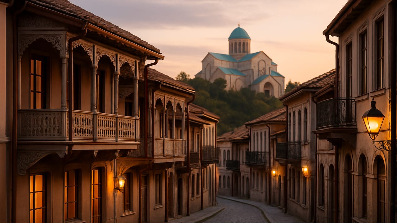 A quiet street of traditional balconied houses in Kutaisi's Old Town at golden hour, with Bagrati Cathedral visible on the hill above