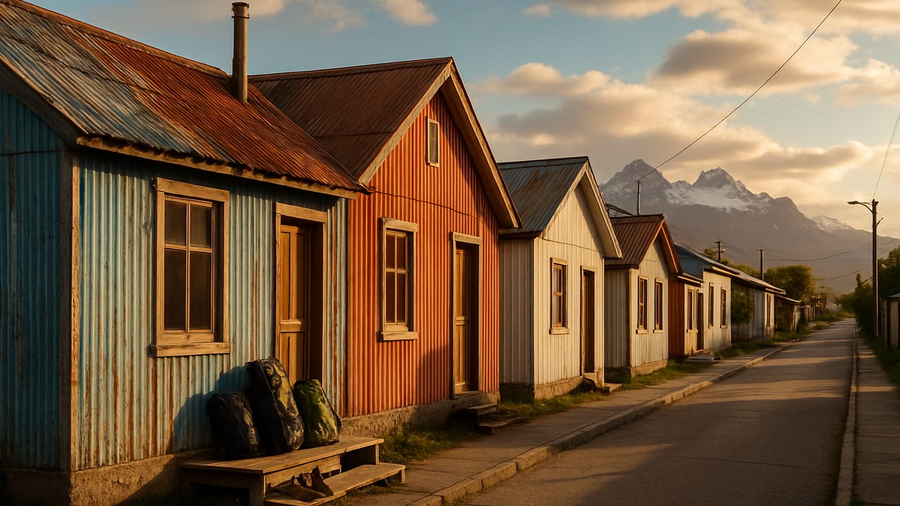 A quiet residential street in Puerto Natales at golden hour with a mix of colorful corrugated-metal hostel and guesthouse facades, backpacks stacked on a porch, Patagonian peaks faintly visible in the distance