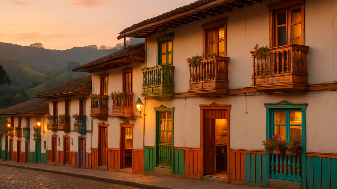A row of colorful bahareque-style guesthouses with wooden balconies on a cobblestone street in Salento, Colombia at dusk, green coffee-region hills rising behind the rooftops